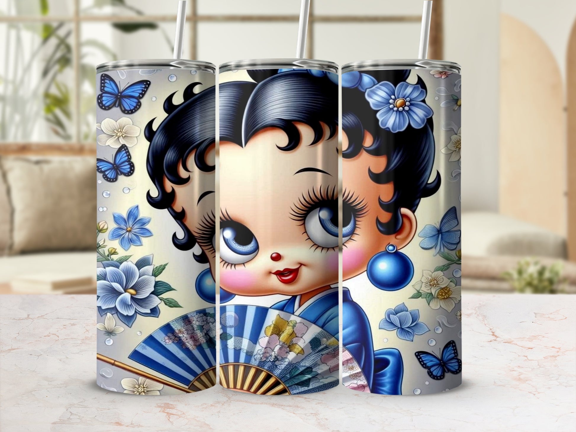 Cute Cartoon Girl and Floral Tumbler with Straw