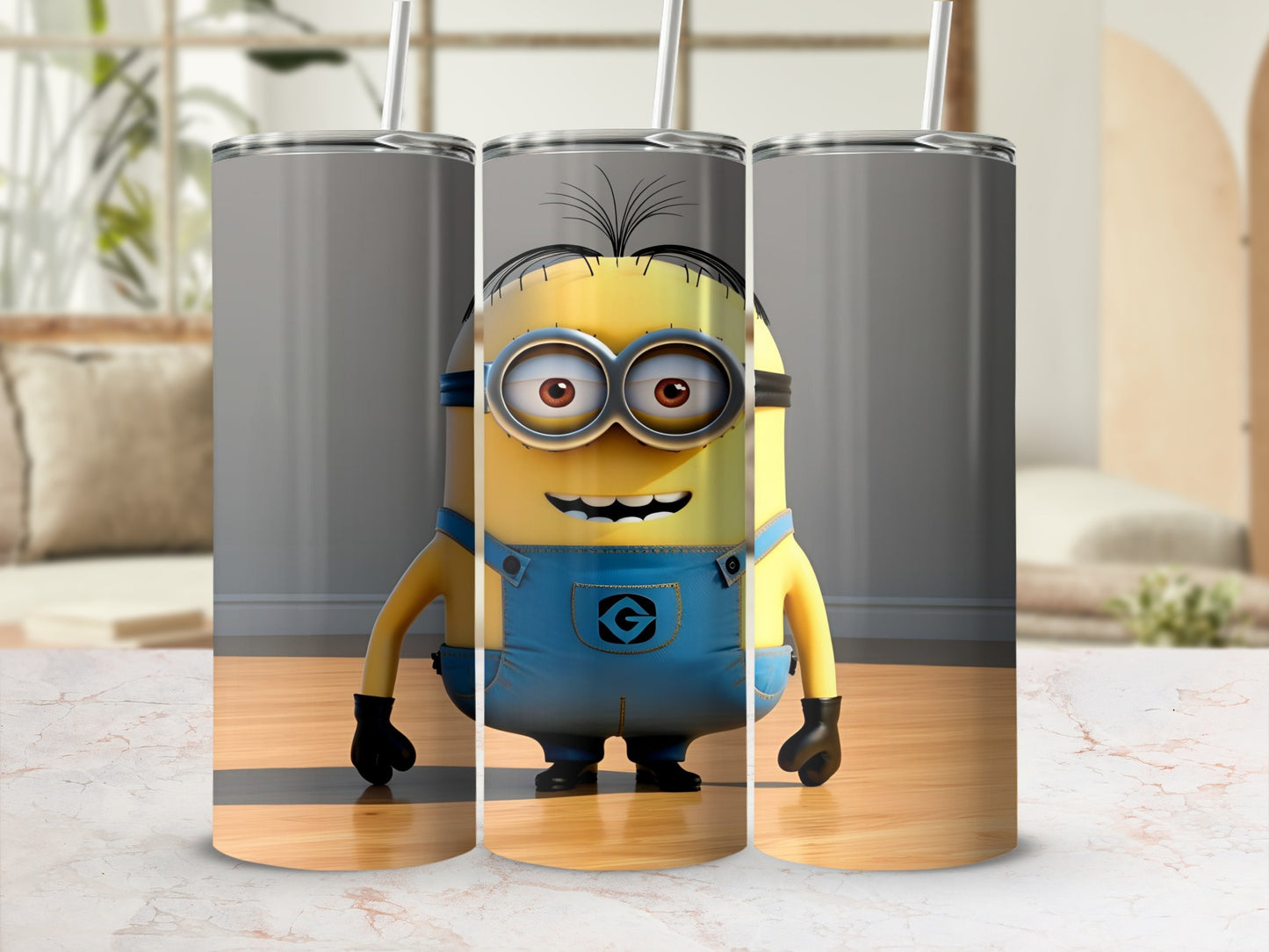 Minion character in blue overalls with straw in a tumbler.