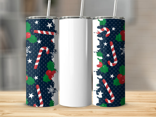 Festive Candy Cane and Holly Skinny Tumbler Cup Product