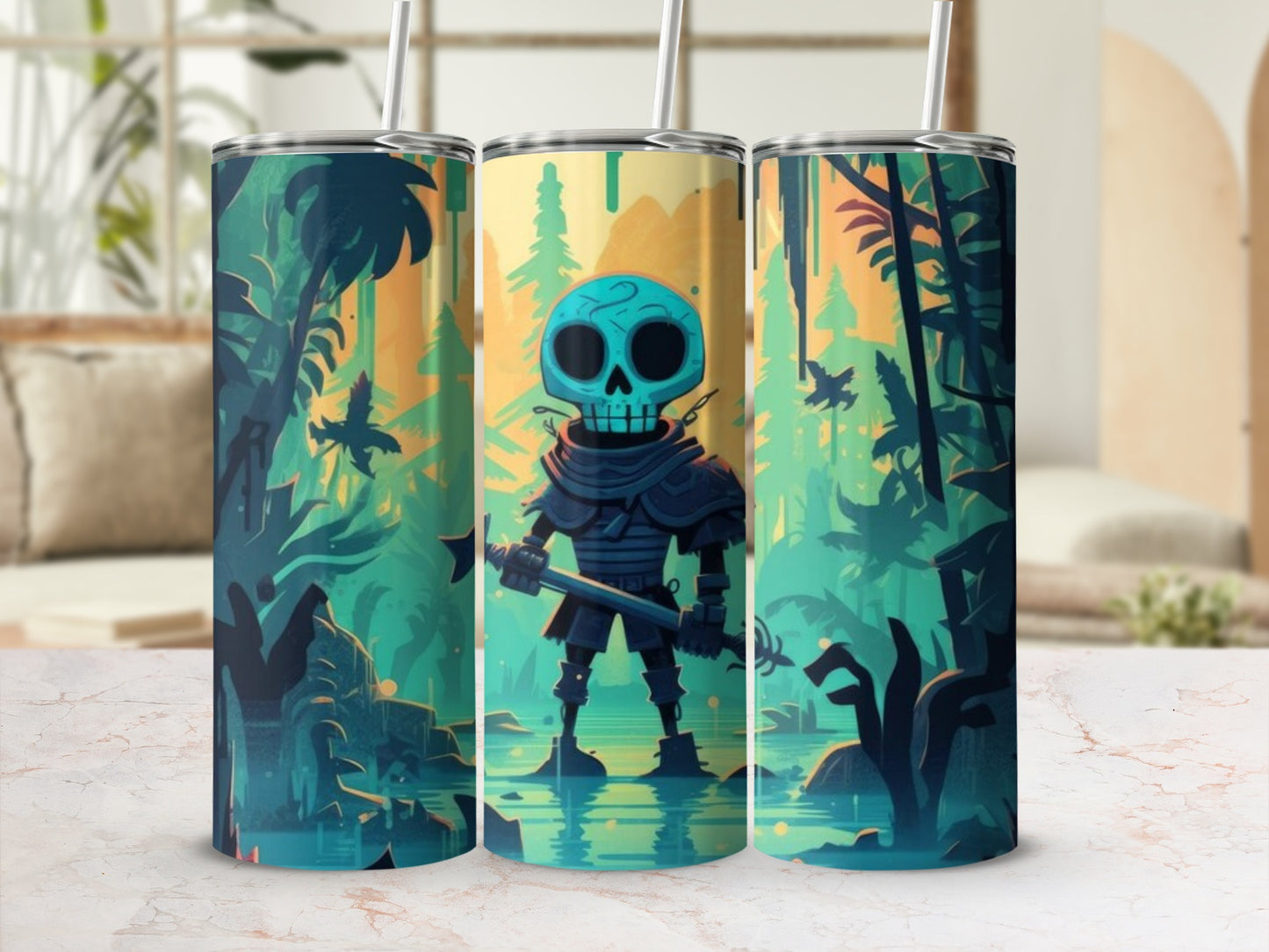 Cartoon Skeleton Warrior in Forest Travel Tumbler