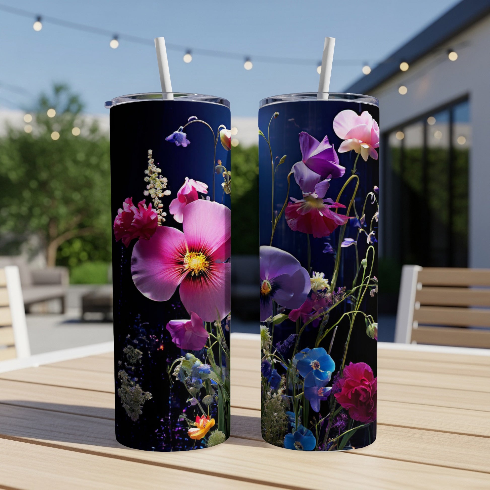 Two tall tumblers with vibrant floral illustrations on a wooden table outdoors.