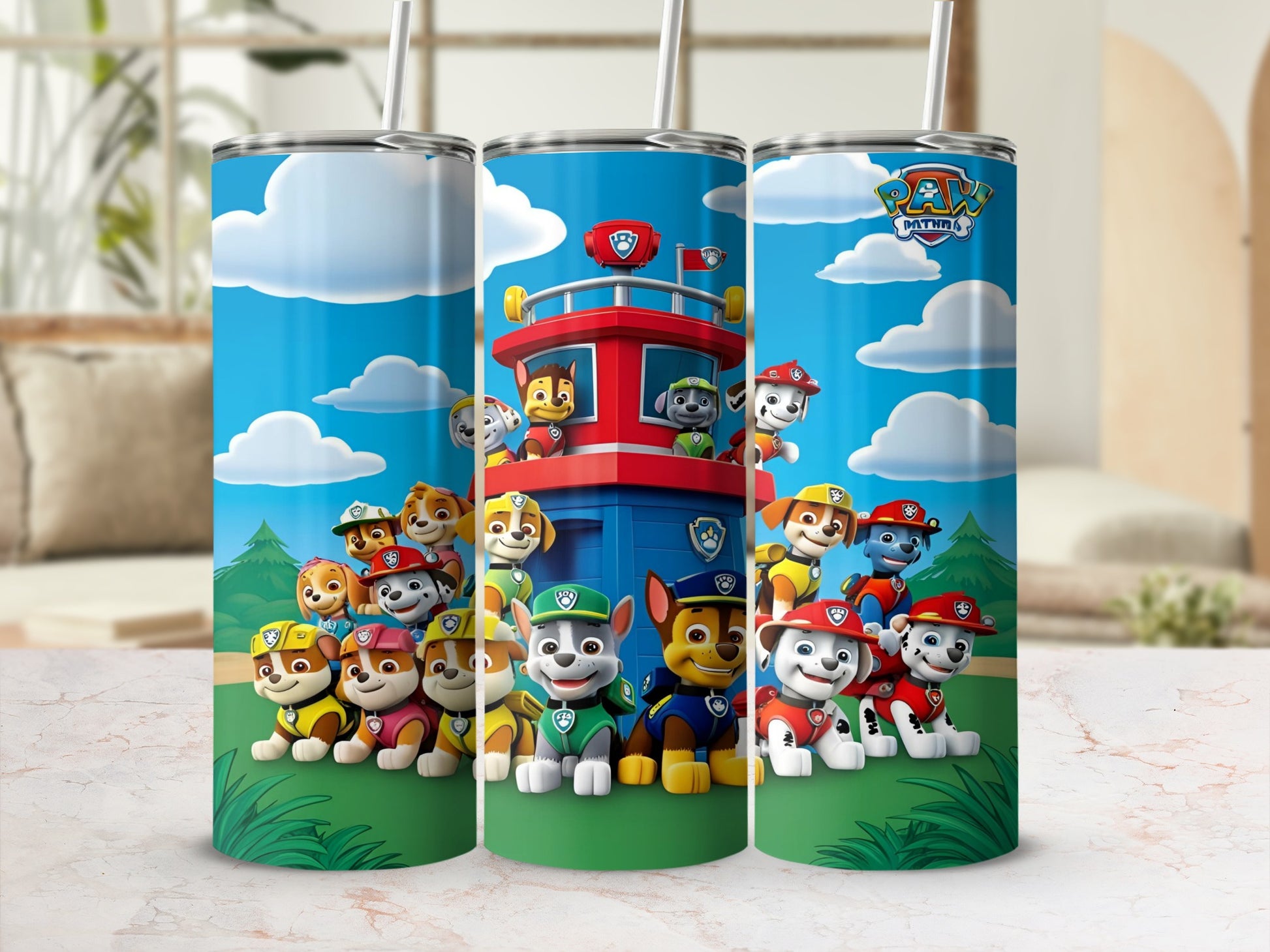 Paw Patrol characters gathered in front of their lookout tower with blue sky background.