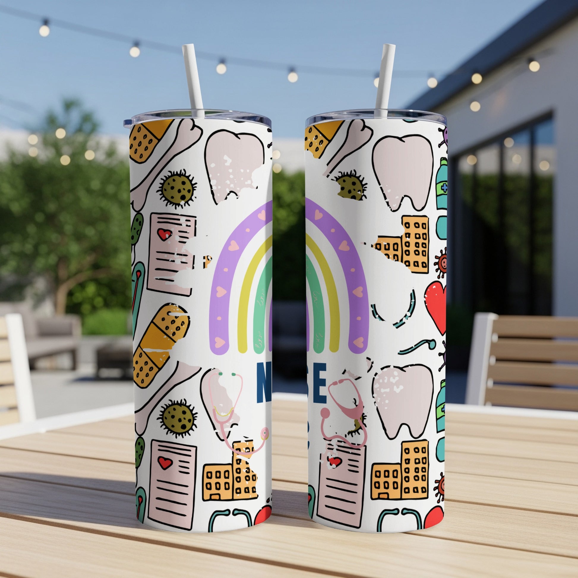 White tumbler with medical icons and rainbow design.