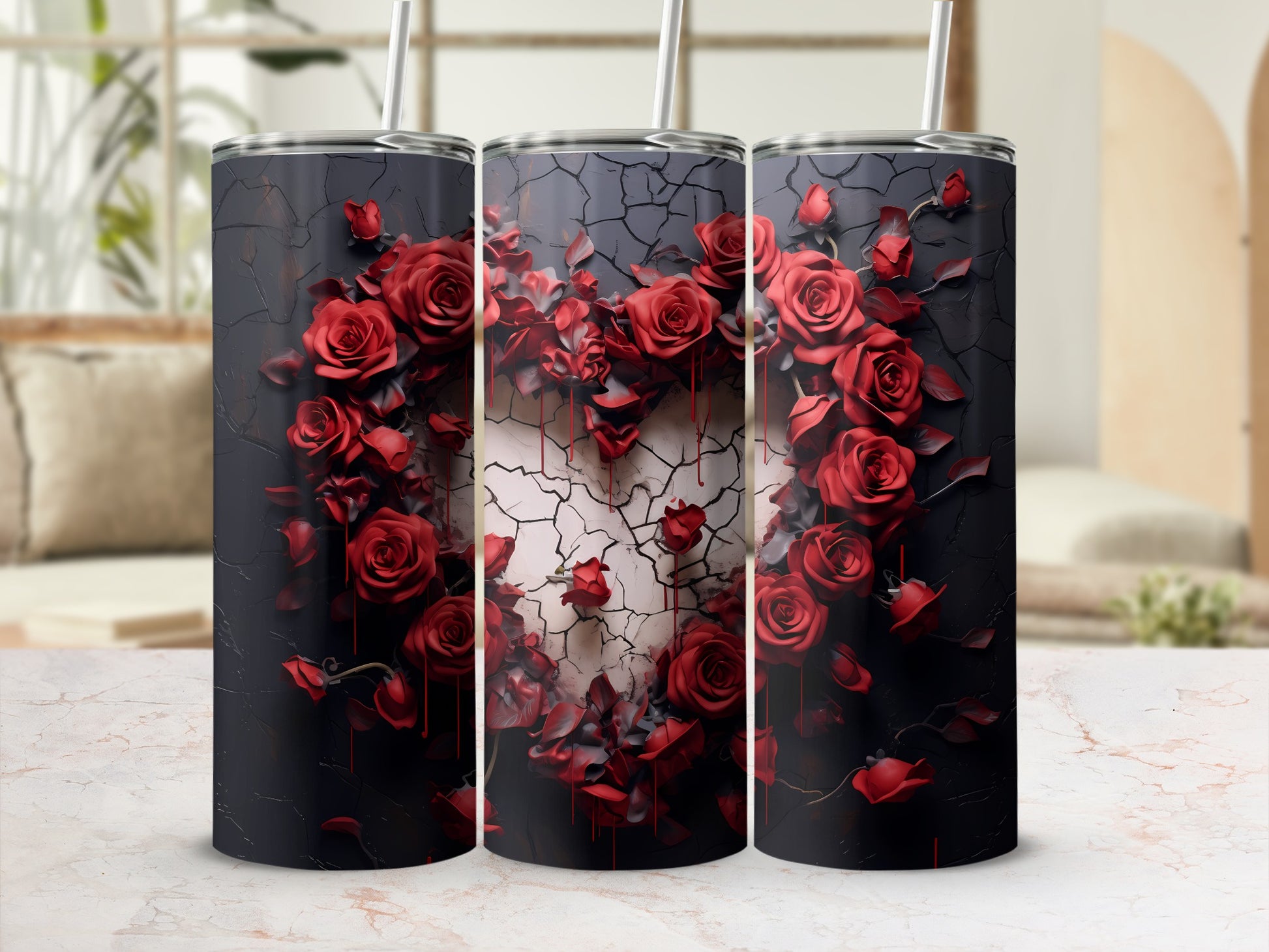 Striking Red Roses Cracked Heart Design Tumbler