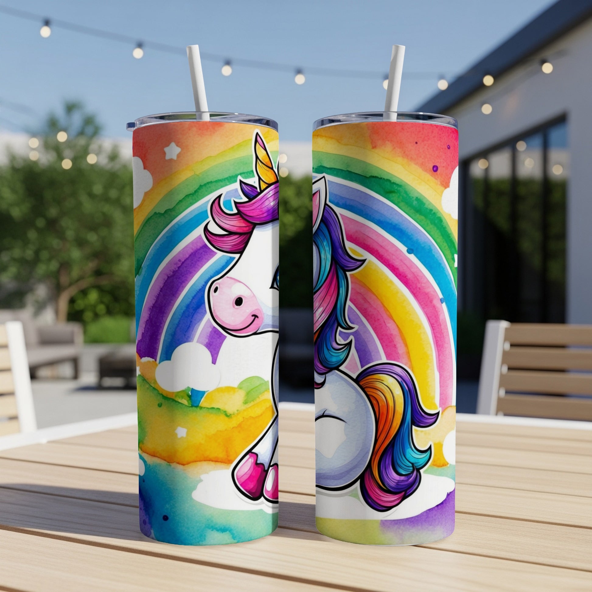 Two unicorn tumblers with rainbow and cloud designs sit on a table.
