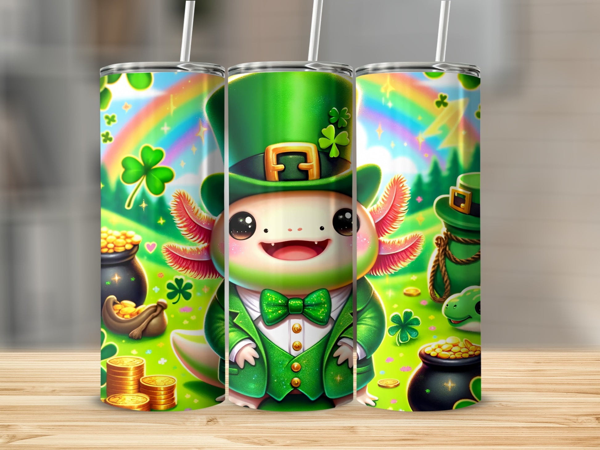 Axolotl in St. Patrick's Day outfit with rainbow, shamrocks, and pots of gold.