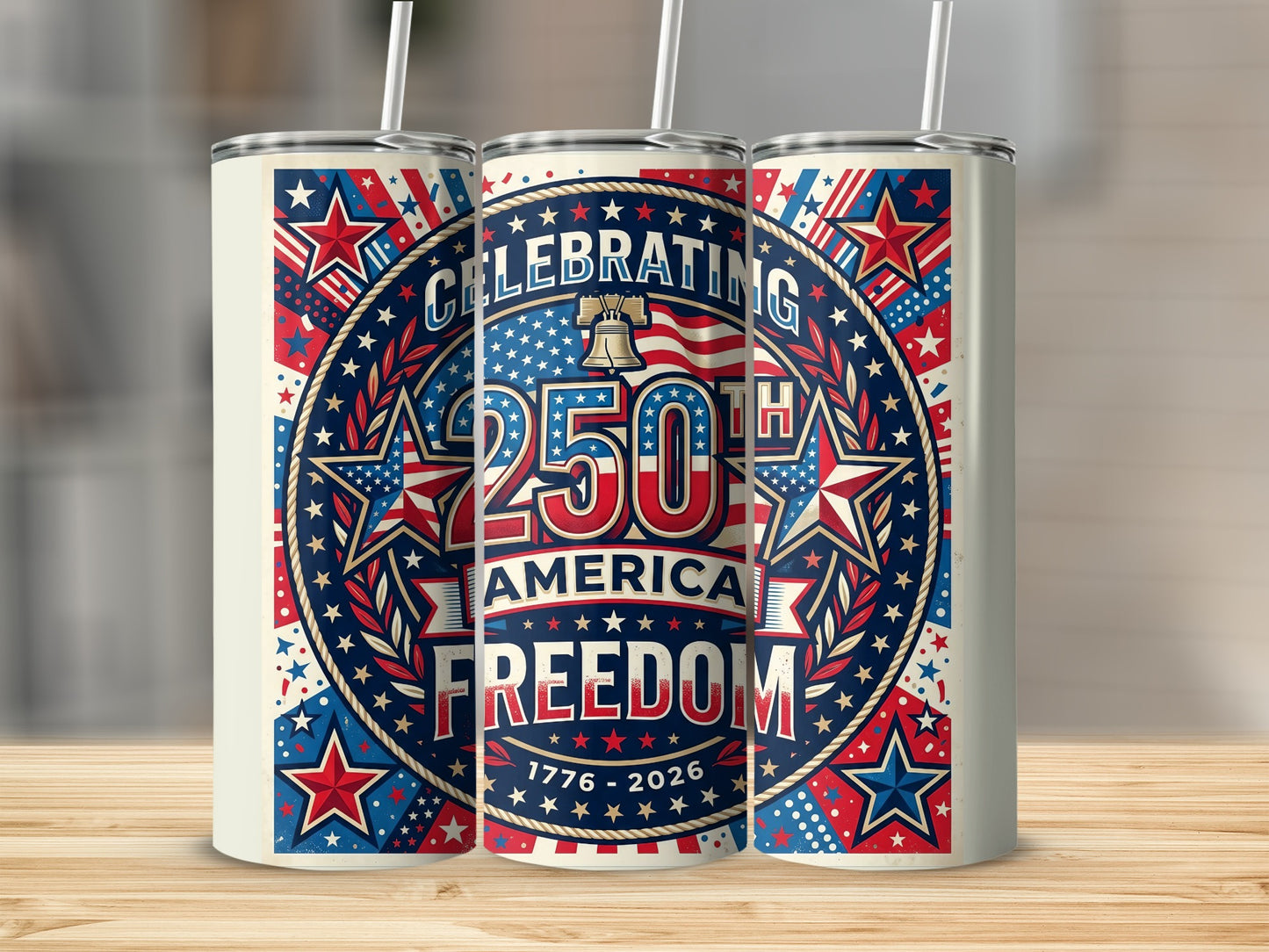 250th America Freedom tumbler with stars and stripes design.