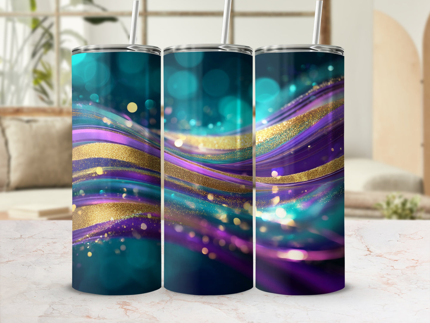 Teal Purple Golden Swirls Bokeh Lights Tumbler product type