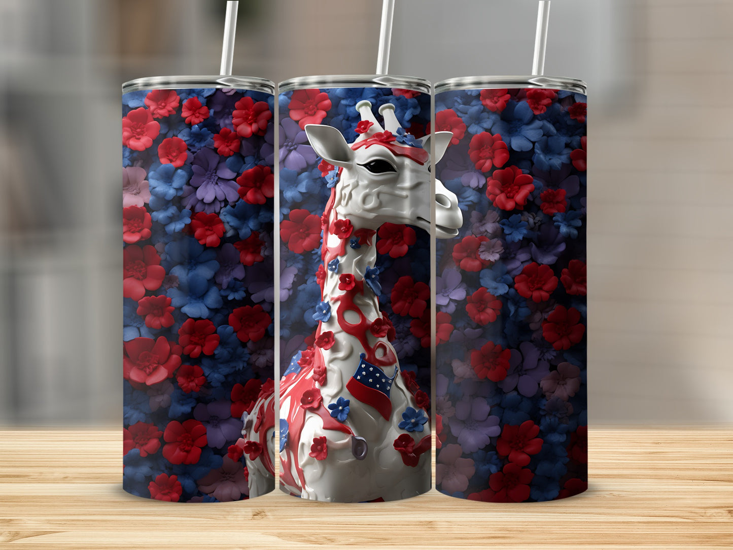 Giraffe tumbler with patriotic floral design.