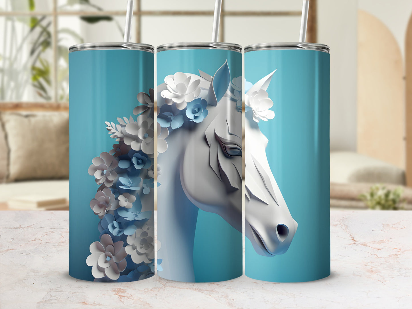 Three tumblers featuring a white horse head adorned with blue and white flowers.