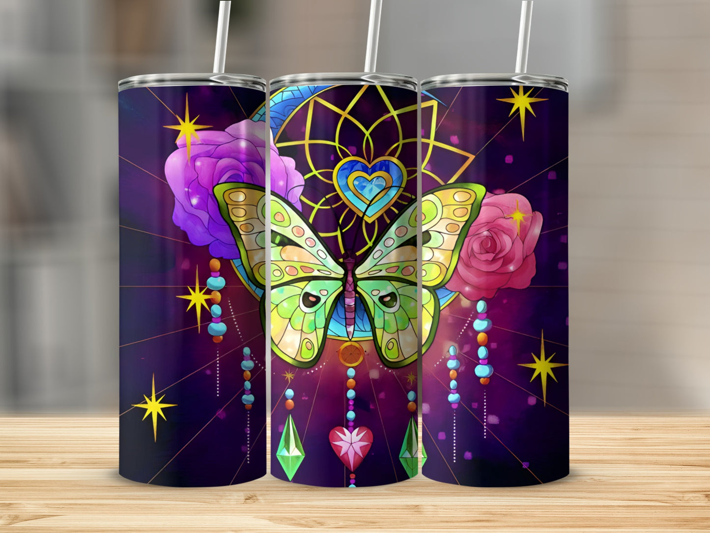 Butterfly and dreamcatcher with roses on a purple cosmic background.