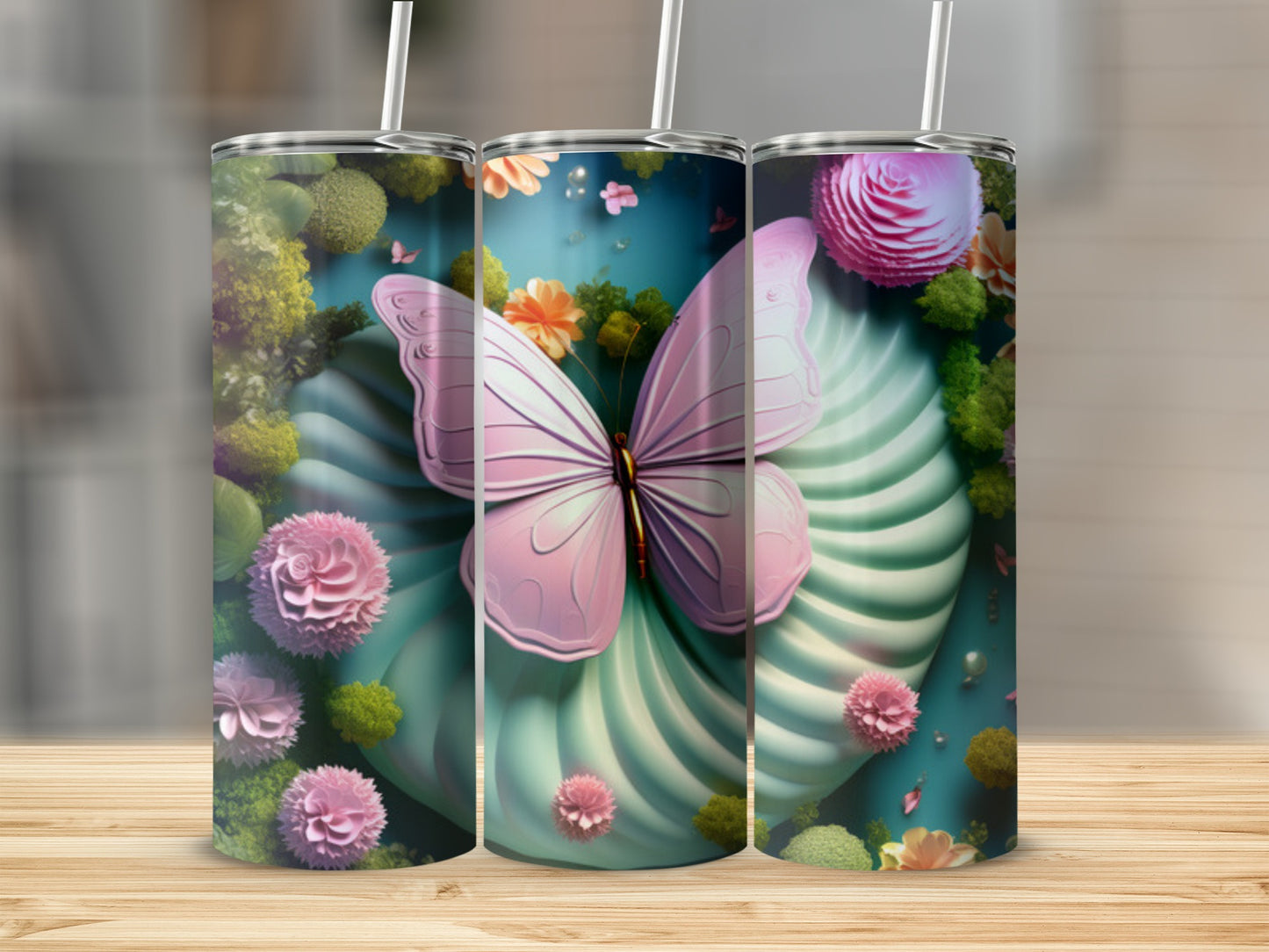 Pink butterfly and floral design on a tumbler.