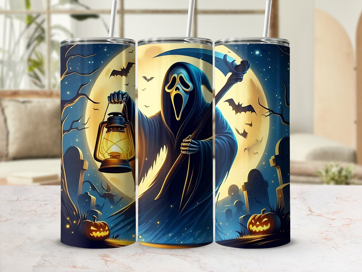 Grim reaper with lantern and scythe on Halloween themed tumbler design.