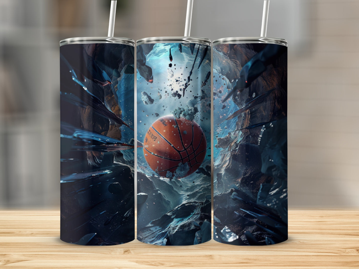 Basketball art on a tumbler, breaking through abstract dark blue, gray, and orange cosmic shards.