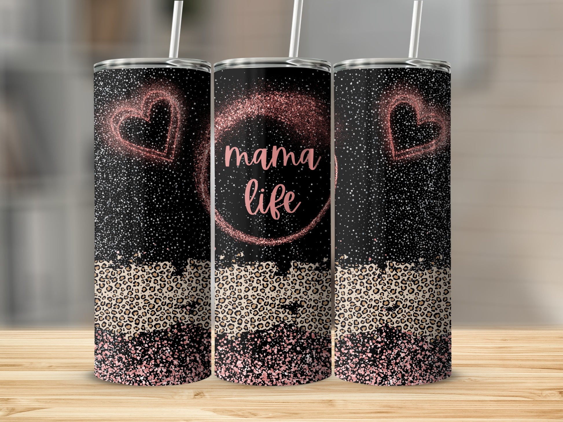 Mama Life Heart Leopard Glitter Tumbler  Product