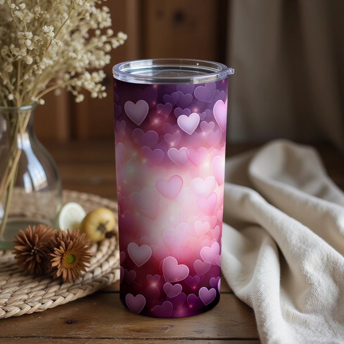 Purple and Pink Hearts Tumbler with Lid Twist