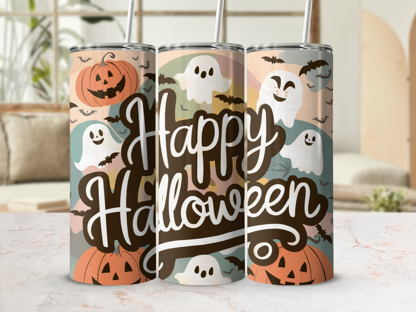 Three tumblers with "Happy Halloween" text, ghosts, pumpkins, and bats.
