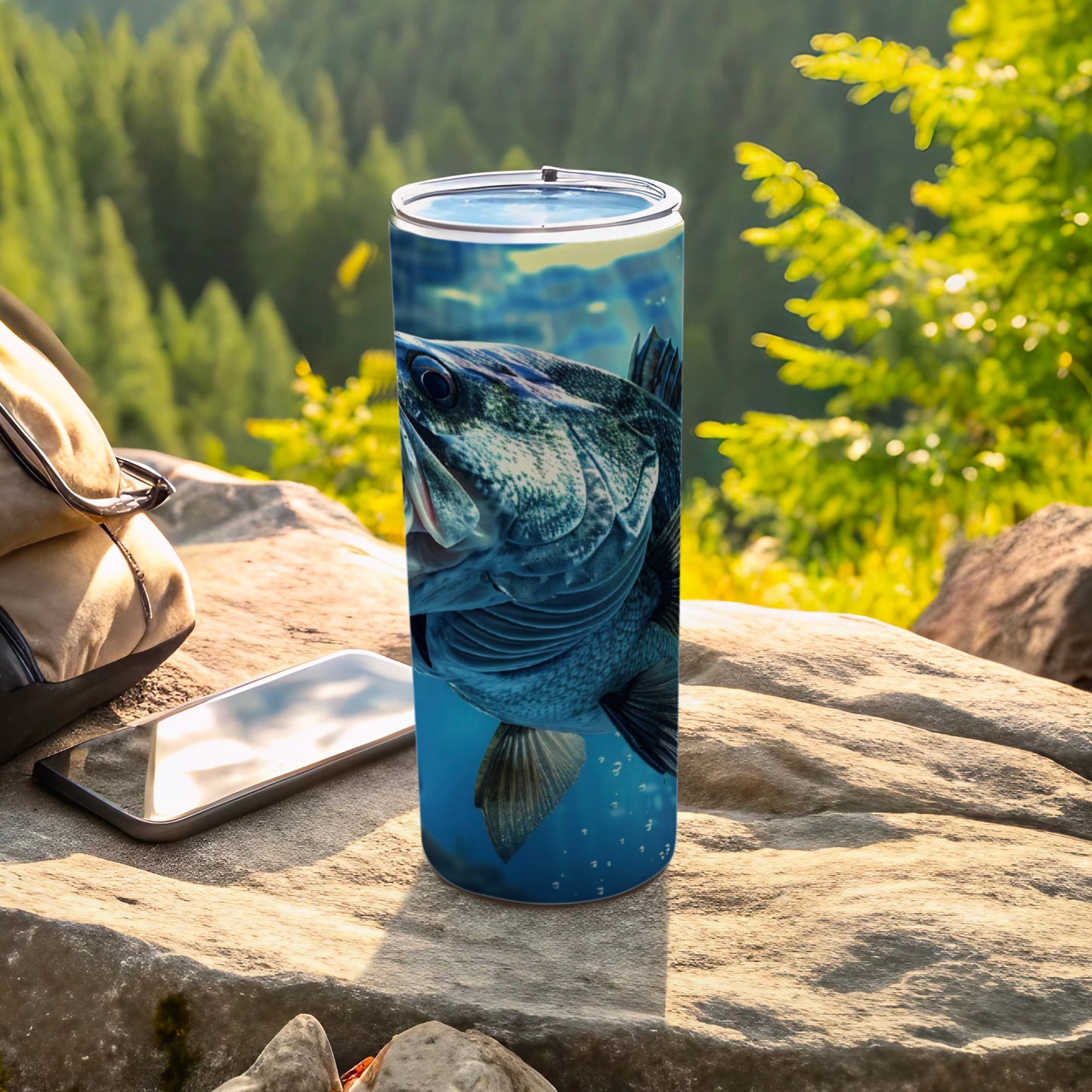 Close-up of a large bass jumping from water on a travel tumbler.