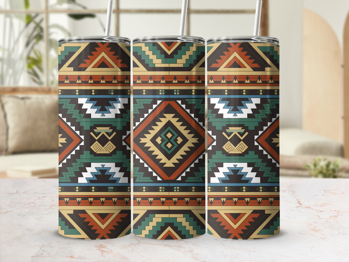 Three patterned tumblers with geometric tribal designs in brown, teal, and white.