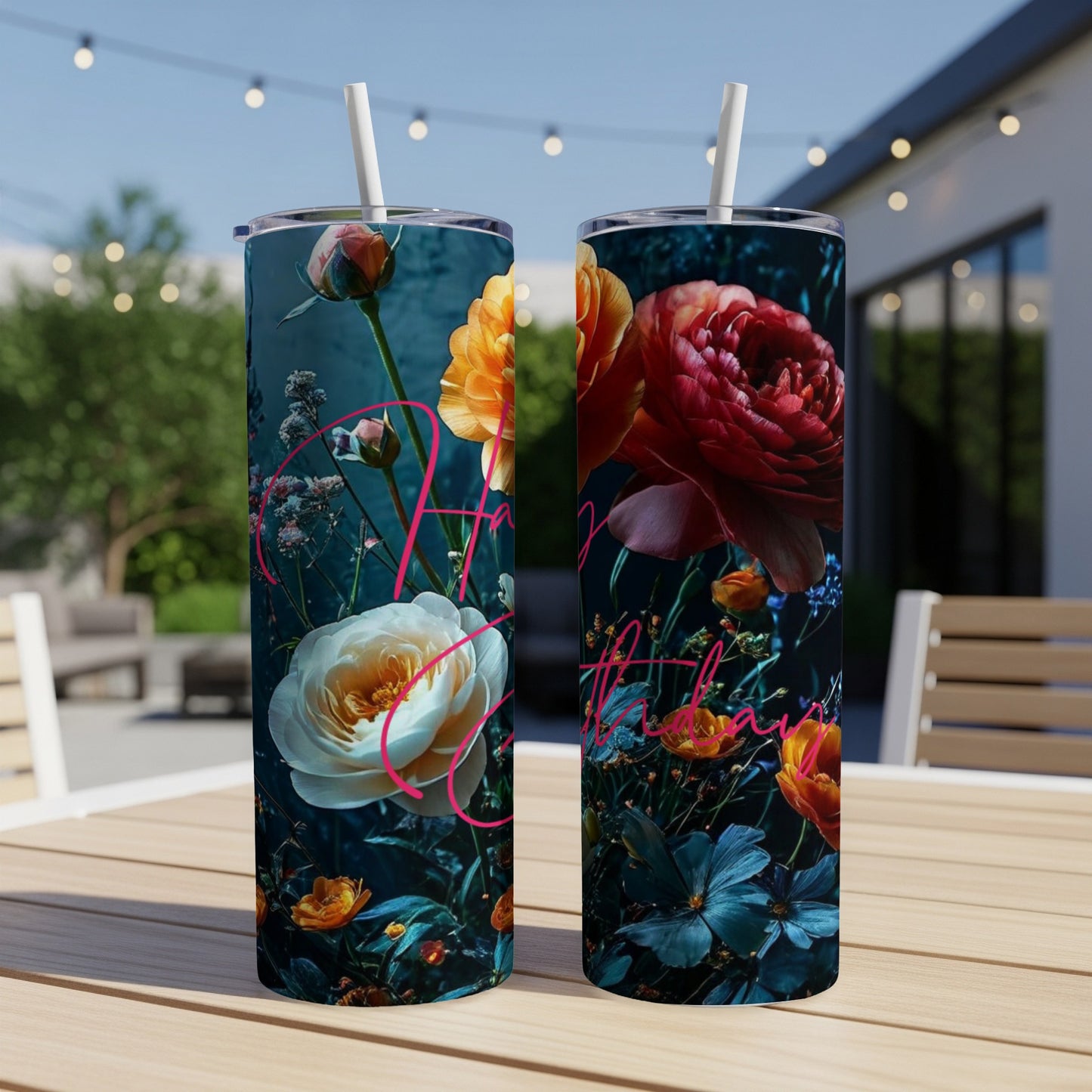 Two tumblers with floral designs and "Happy Birthday" text.