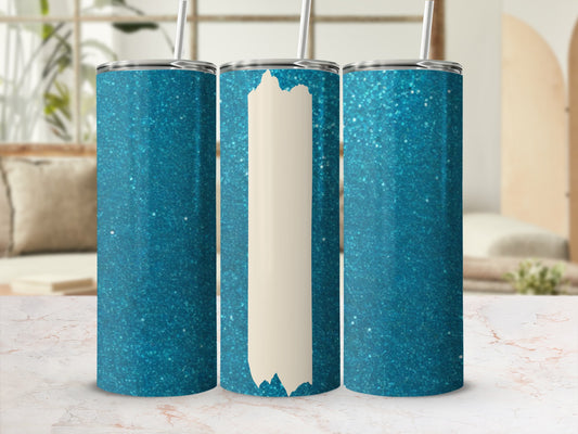 Three teal glitter tumblers with a cream-colored rectangle design.