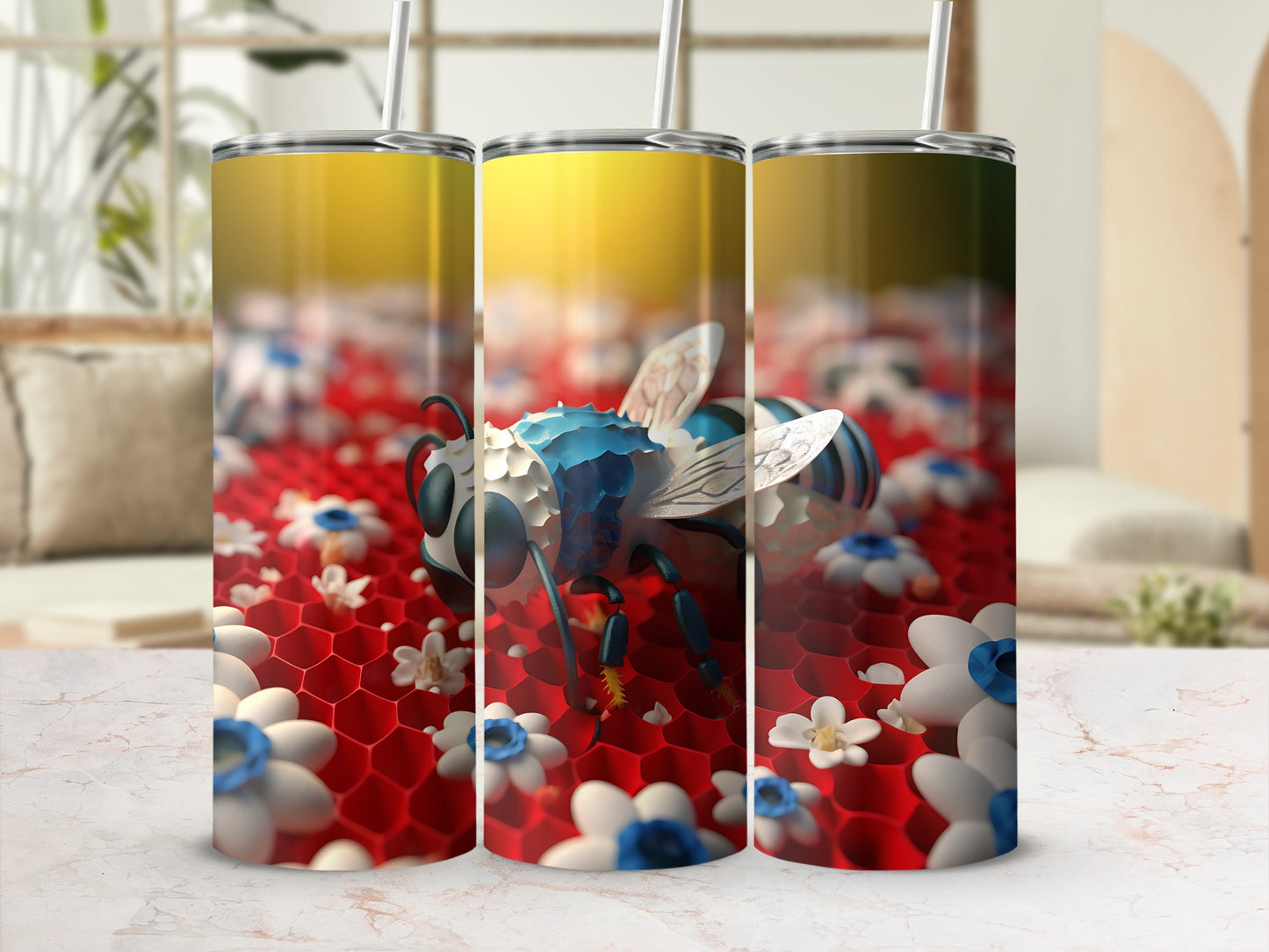 Three tumblers featuring a blue bee on a honeycomb and floral pattern.