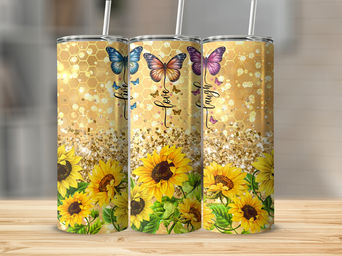 Live Love Laugh Sunflower and Butterfly Design Tumbler