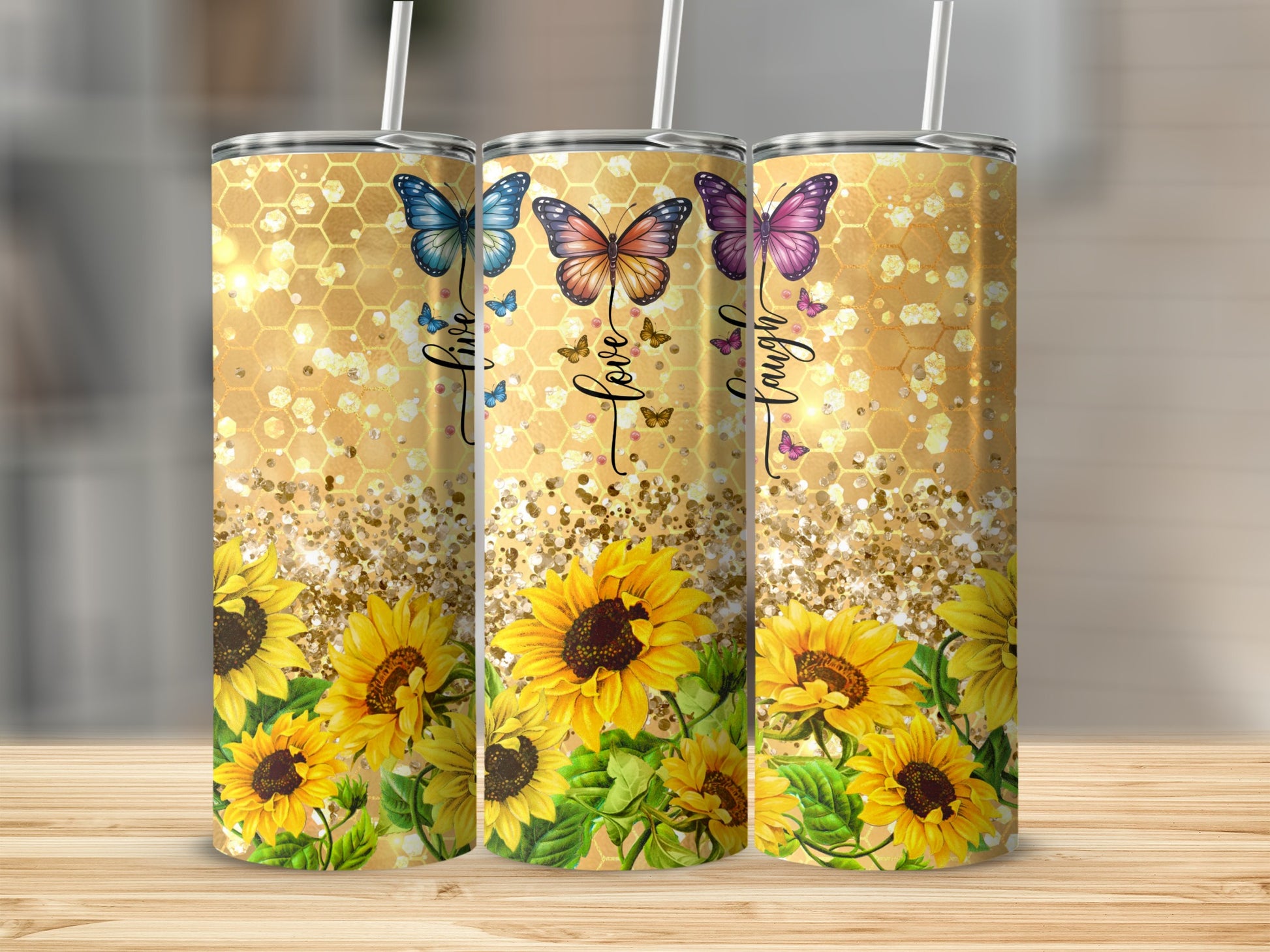 Live Love Laugh Sunflower and Butterfly Design Tumbler