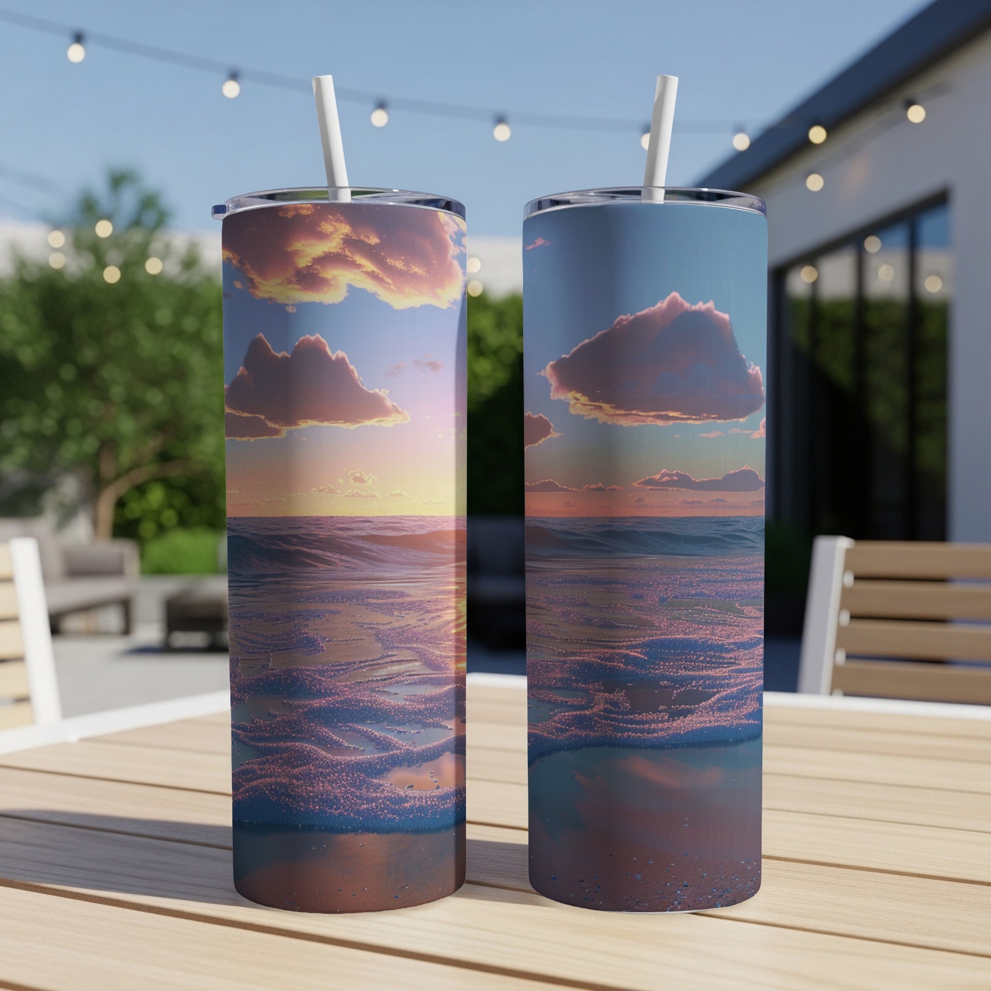 Two tumblers with sunset ocean wave graphic on a table outdoors.