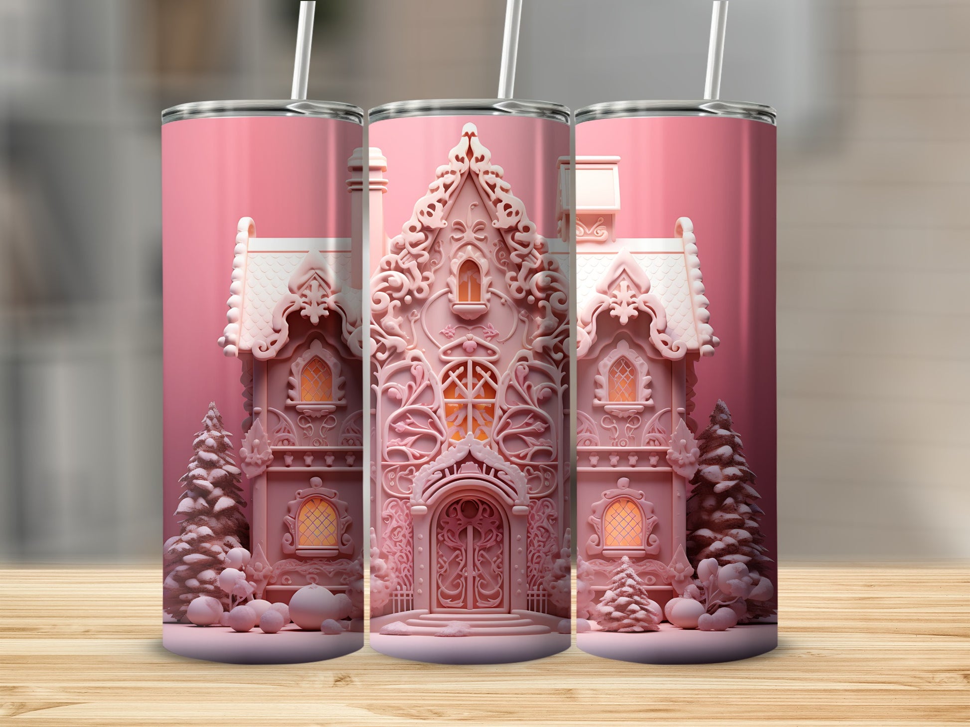 Pink gingerbread house tumbler with snow-covered trees.