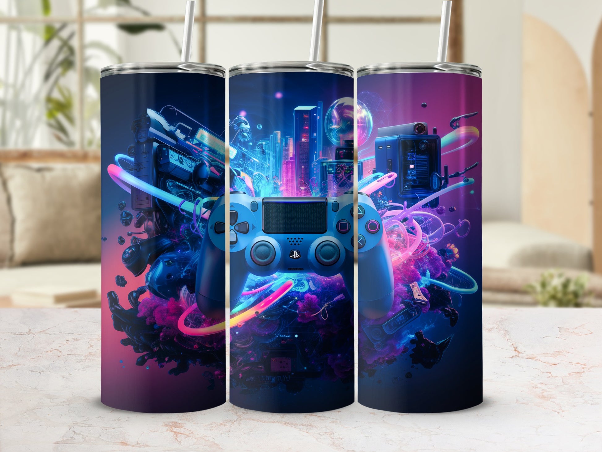 Gaming controller and abstract cityscape design on a three-part tumbler.