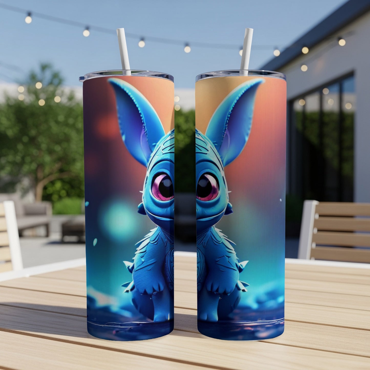 Blue cartoon creature with large pink eyes on two tumblers.