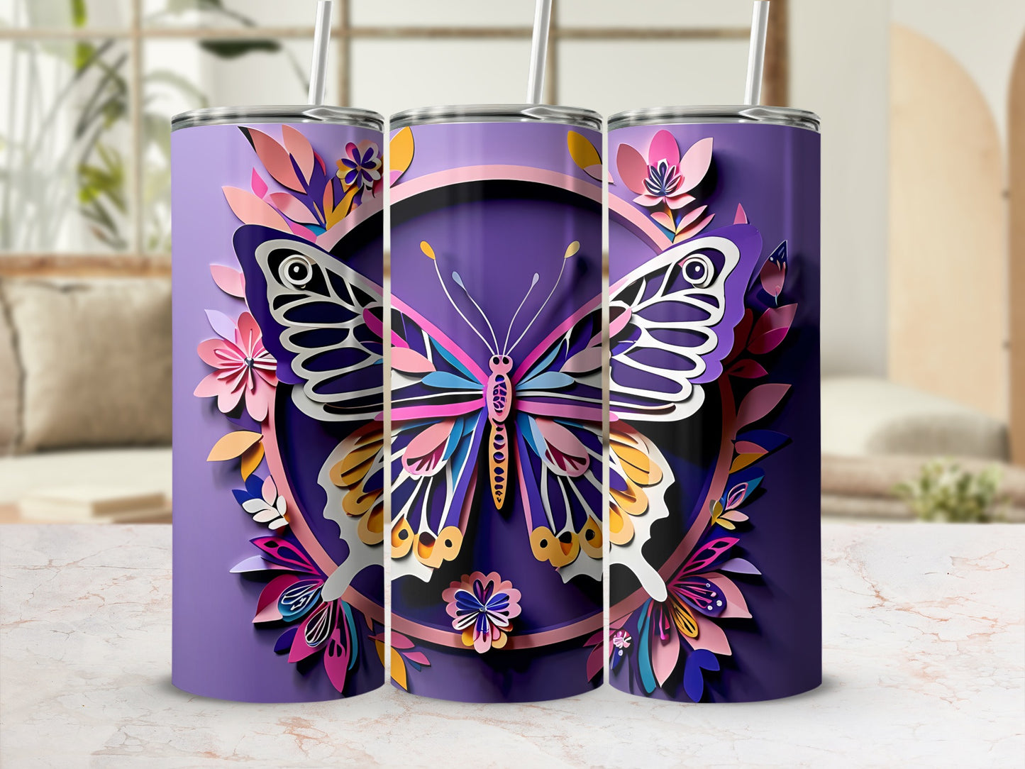 Three tumblers with colorful butterfly and floral paper cut-out designs.