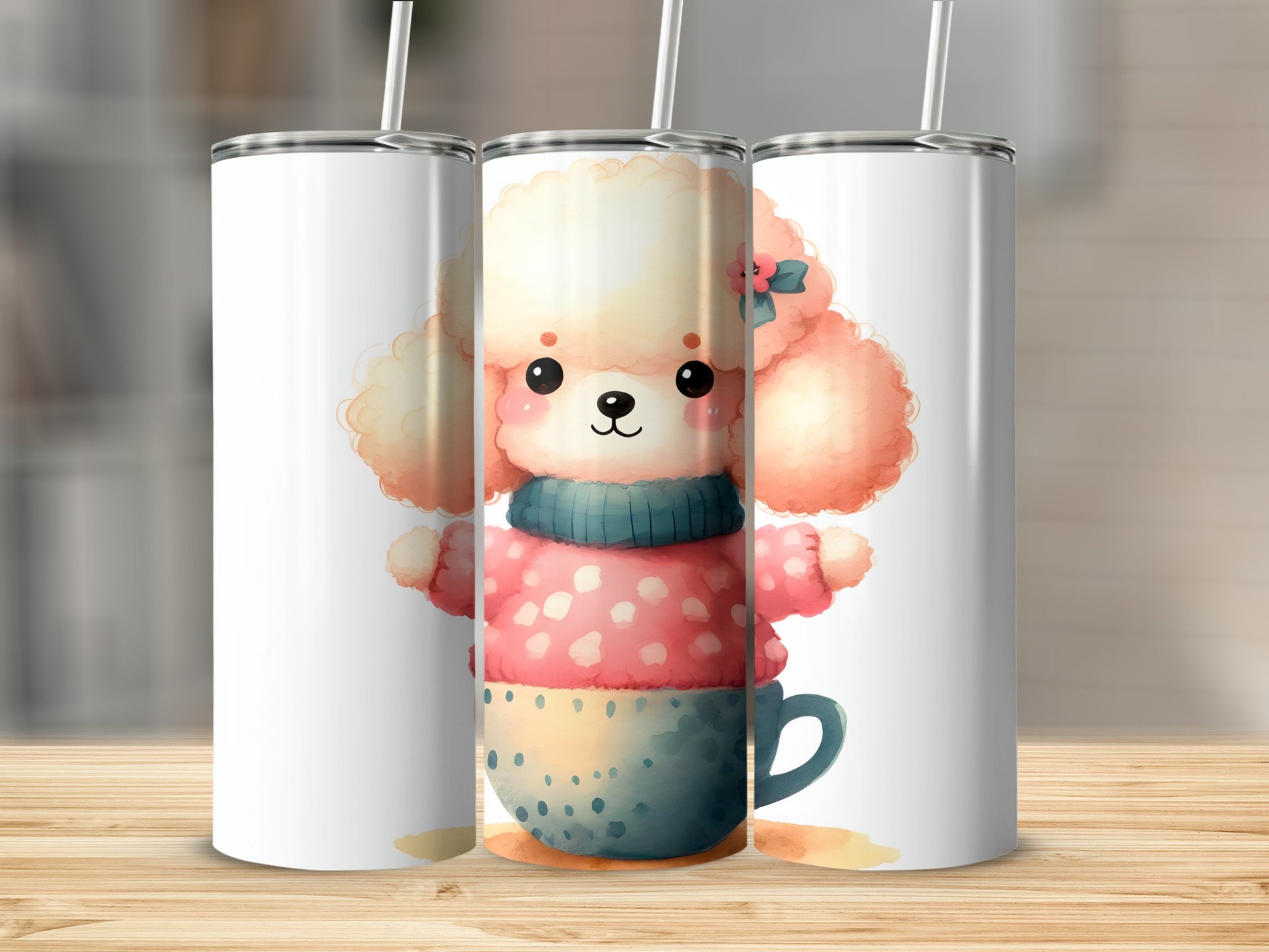 Watercolor poodle in a sweater and teacup.