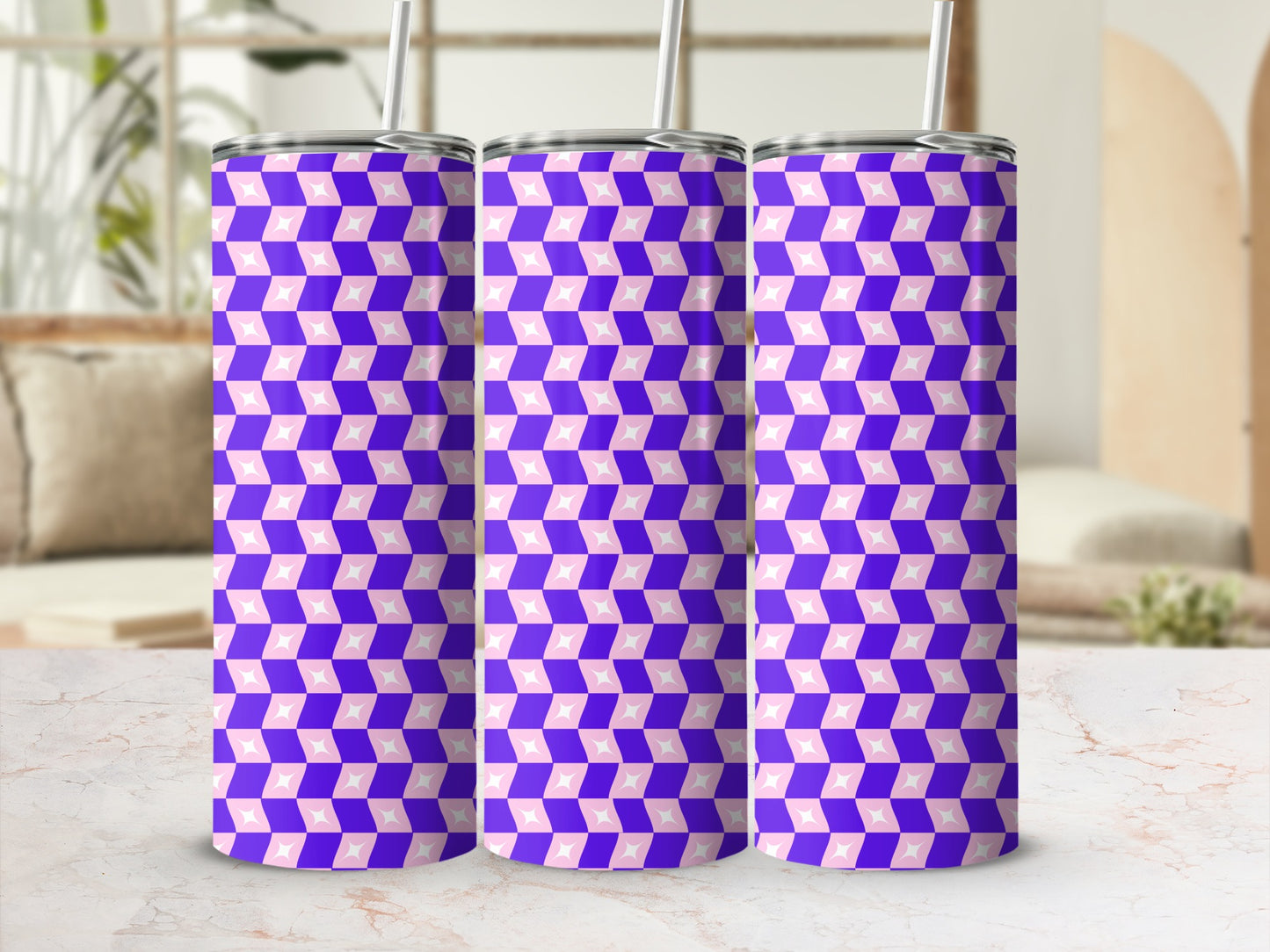 Three tall tumblers with a purple and pink geometric pattern.