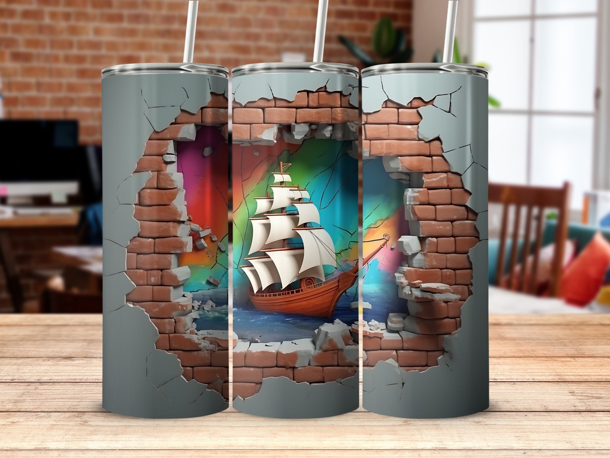 Sailboat Breaking Through Brick Wall Tumbler