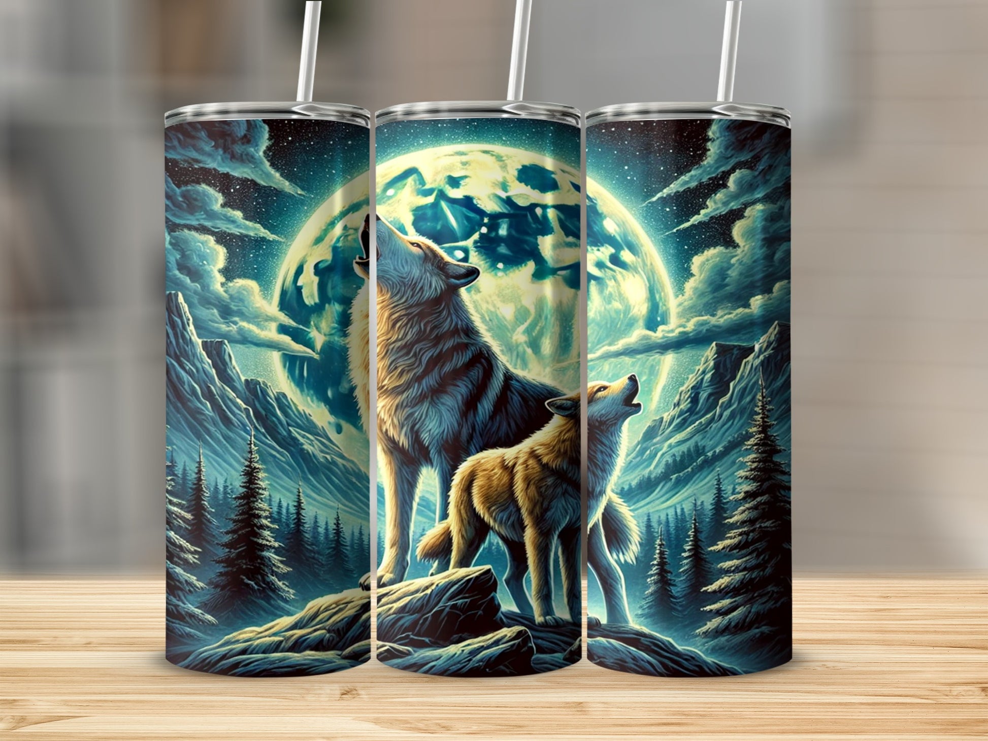 Howling Wolves Full Moon Stainless Steel Tumbler Cup