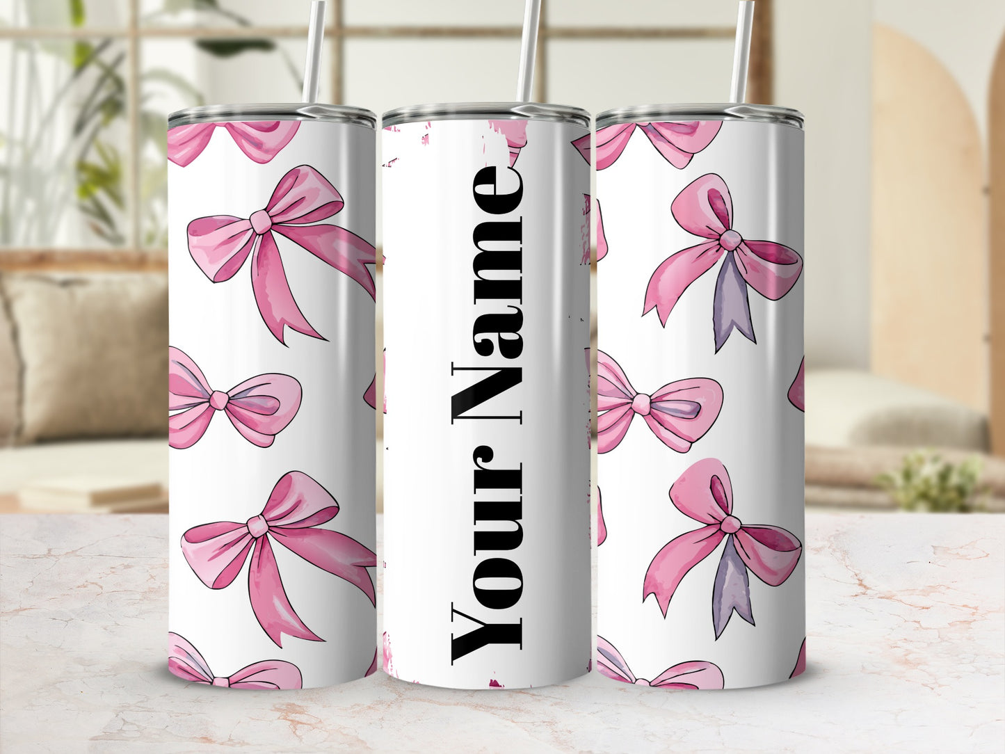 Personalized Pink Bow Pattern Tumbler With Straw