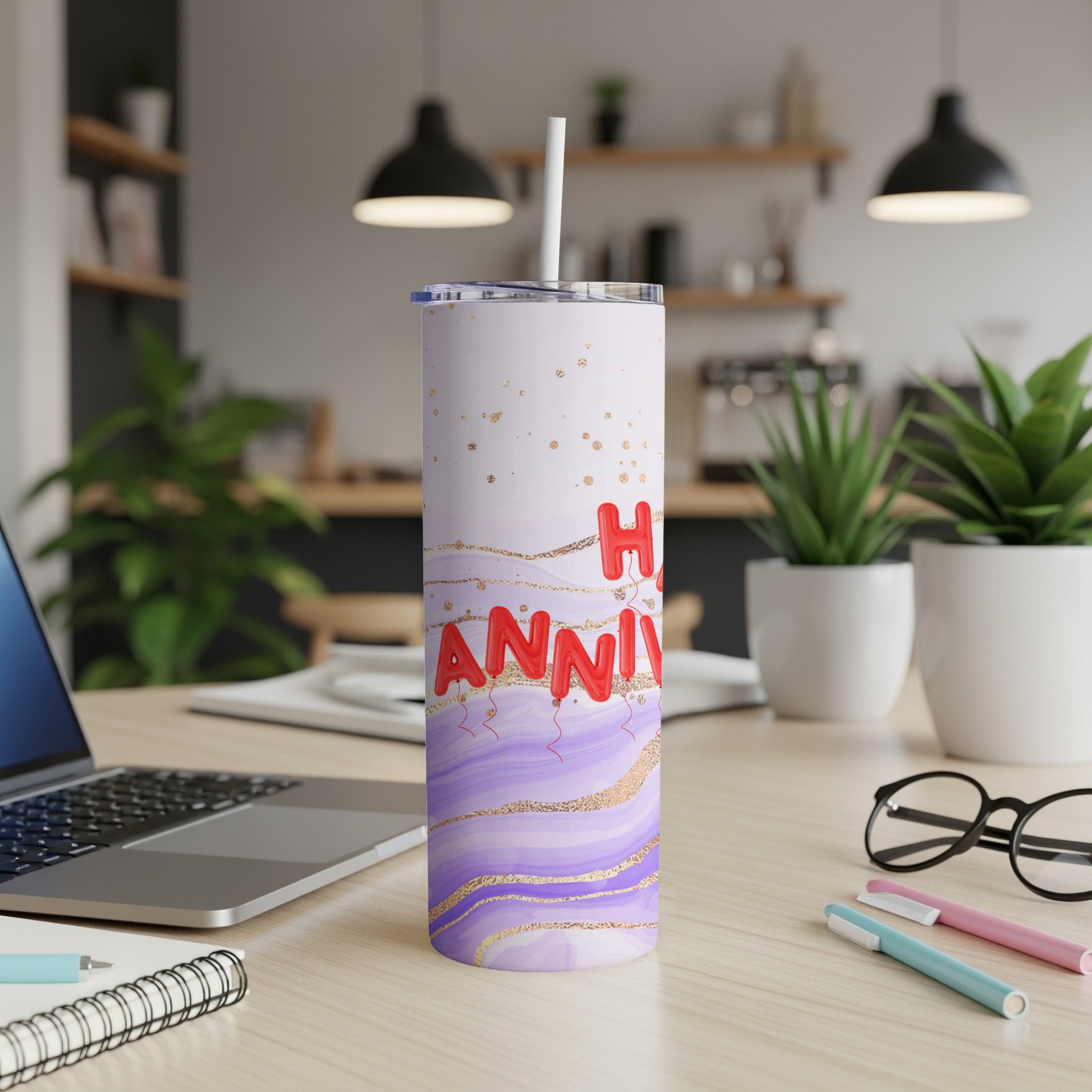 Tall tumbler with "Happy Anniversary" text and gold accents.