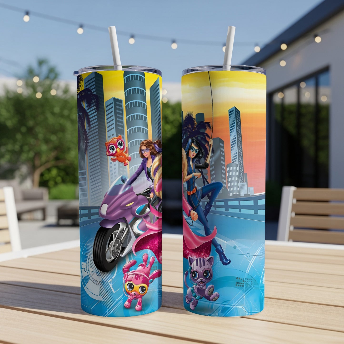 Two tumblers with animated characters, a motorcycle, and city skyline.