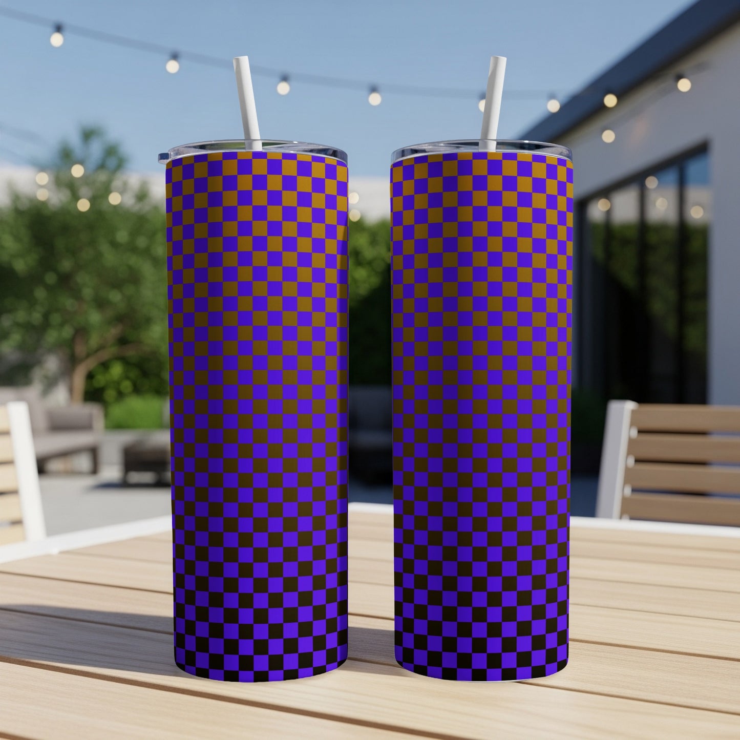 Two tall tumblers with purple and gold checkerboard pattern.