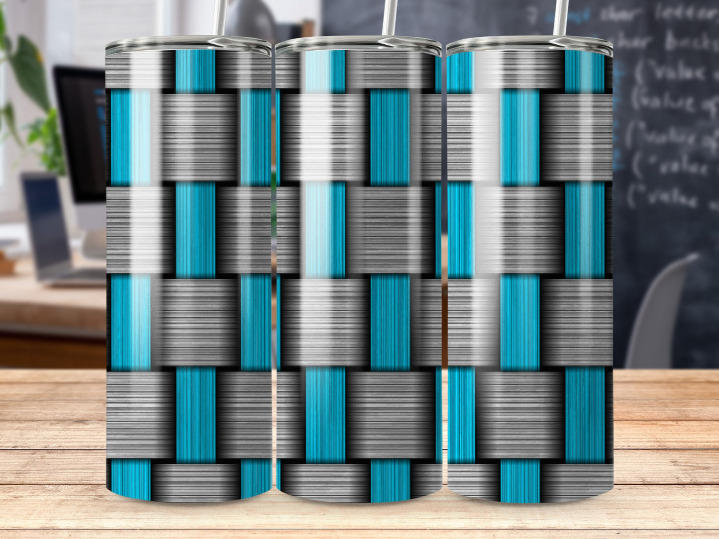 Woven Texture Pattern in Gray Aqua Blue Grid Tumblers