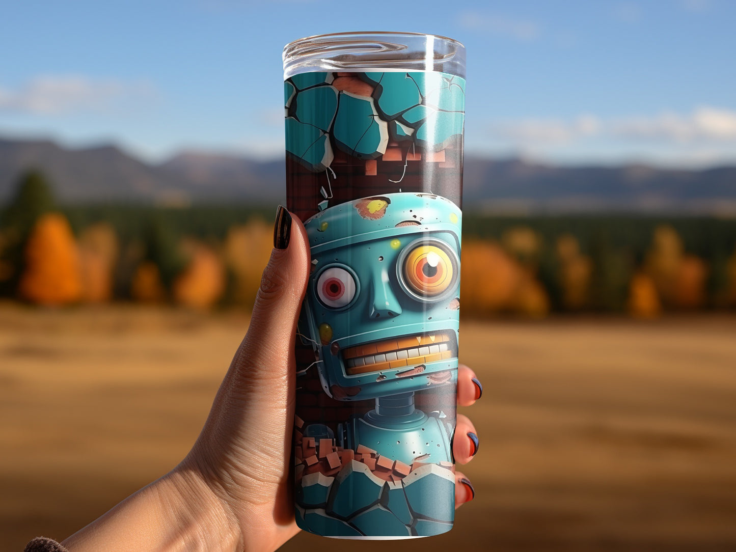 Quirky Blue Robot Design on Tall Tumbler Cup