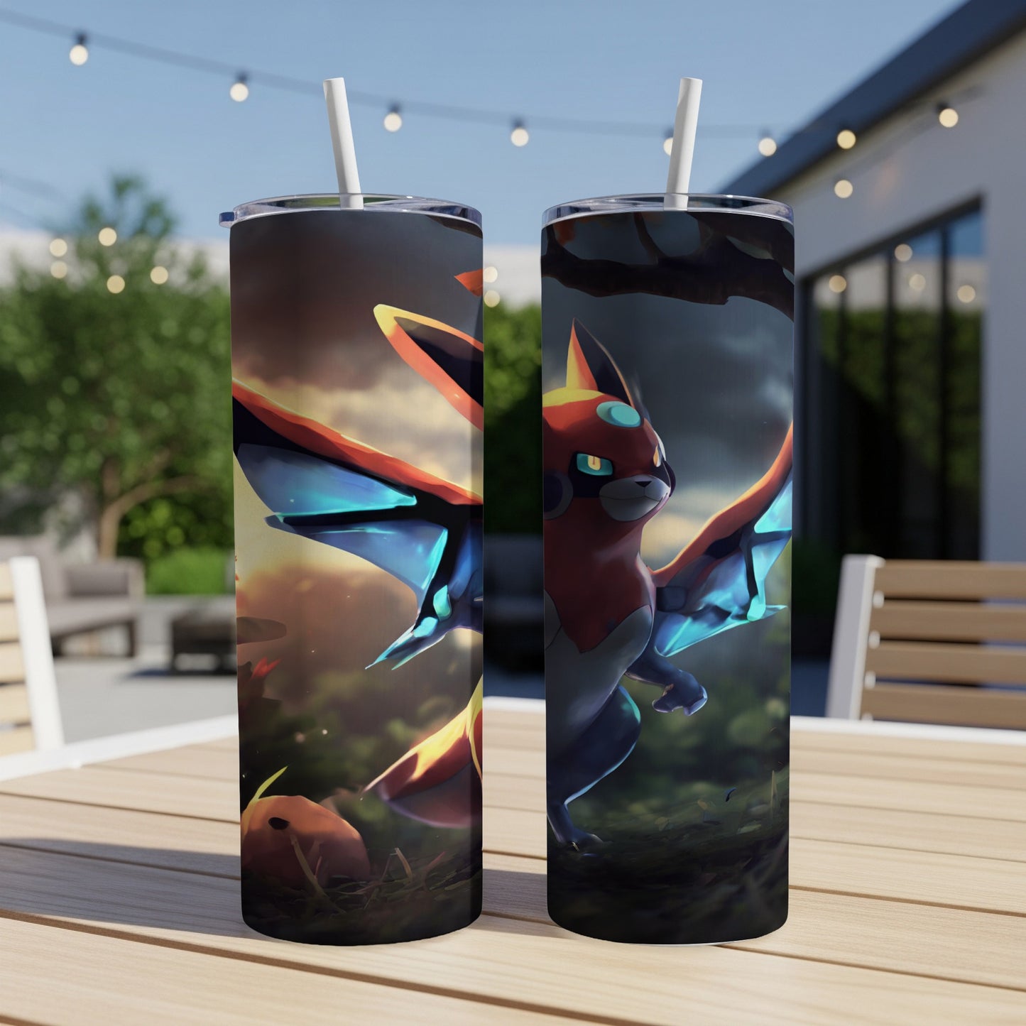 Two Pokémon tumblers with winged creature design and straw, on a table.