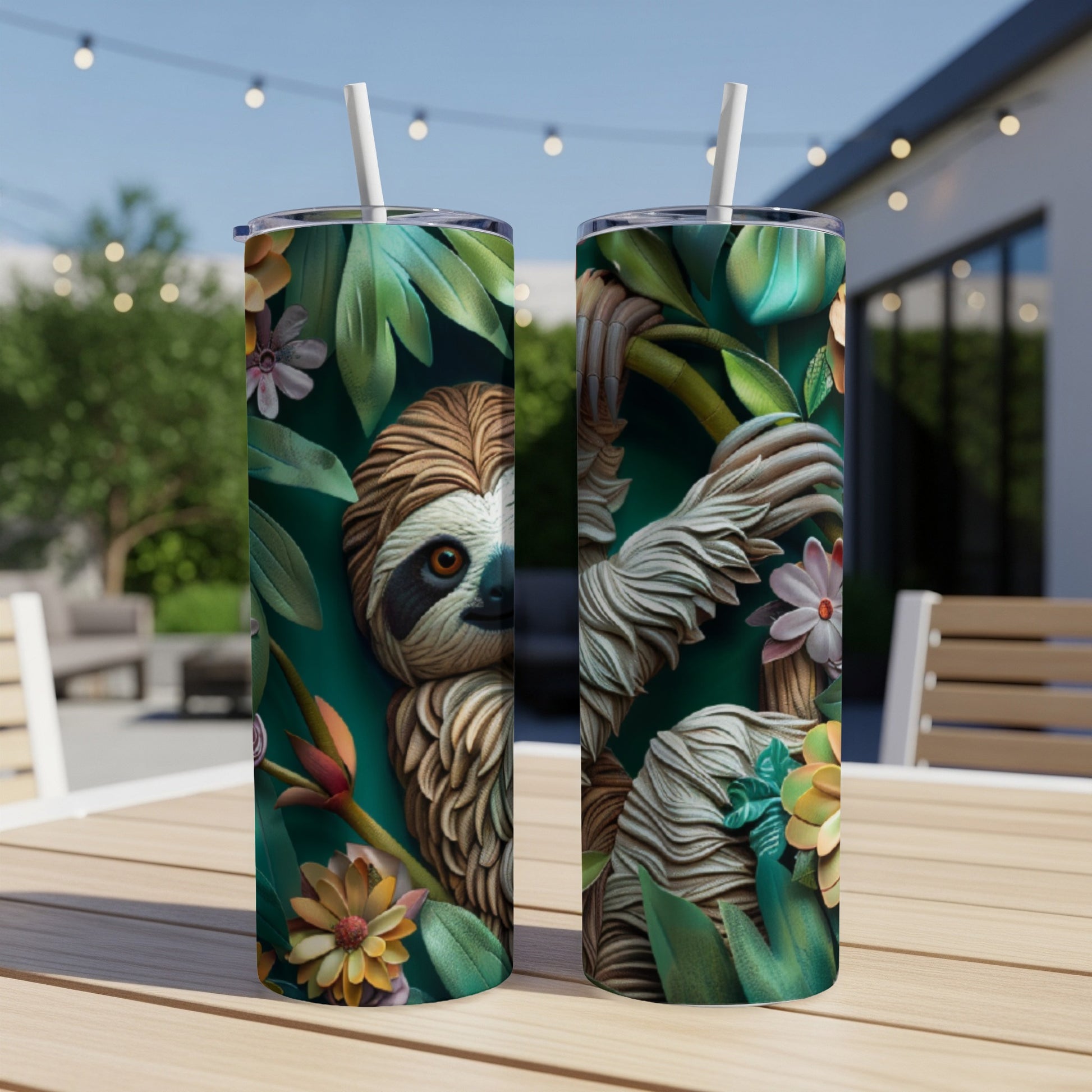 Sloth illustration on two skinny tumblers with straw, surrounded by tropical leaves and flowers.