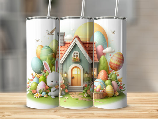 Easter bunny and decorated eggs with a house in the background.