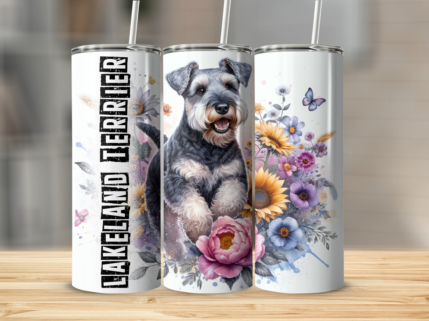 Three tumblers featuring a Miniature Schnauzer and floral designs.