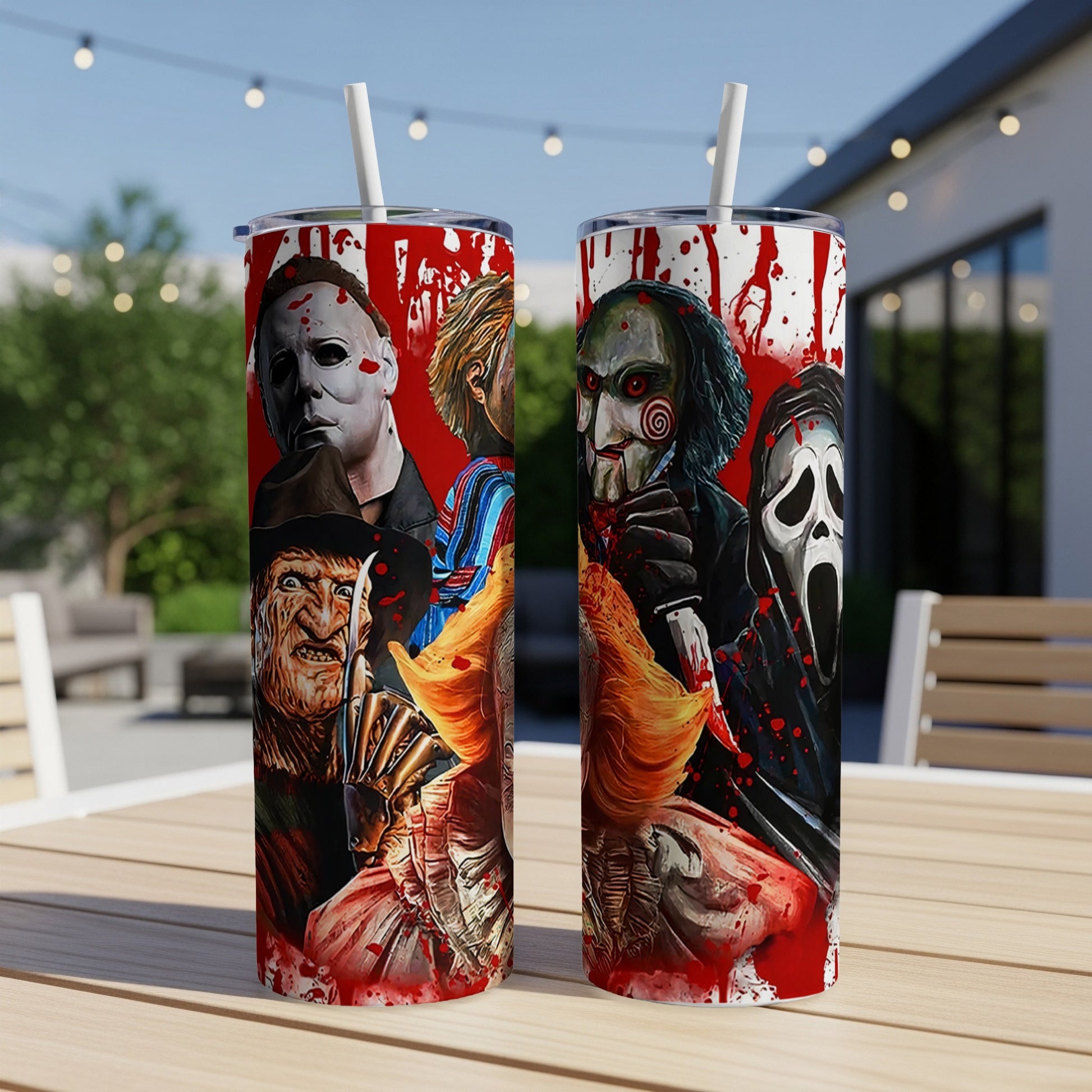 Horror movie characters including Freddy Krueger, Michael Myers, Ghostface, and Jigsaw adorn a tumbler.