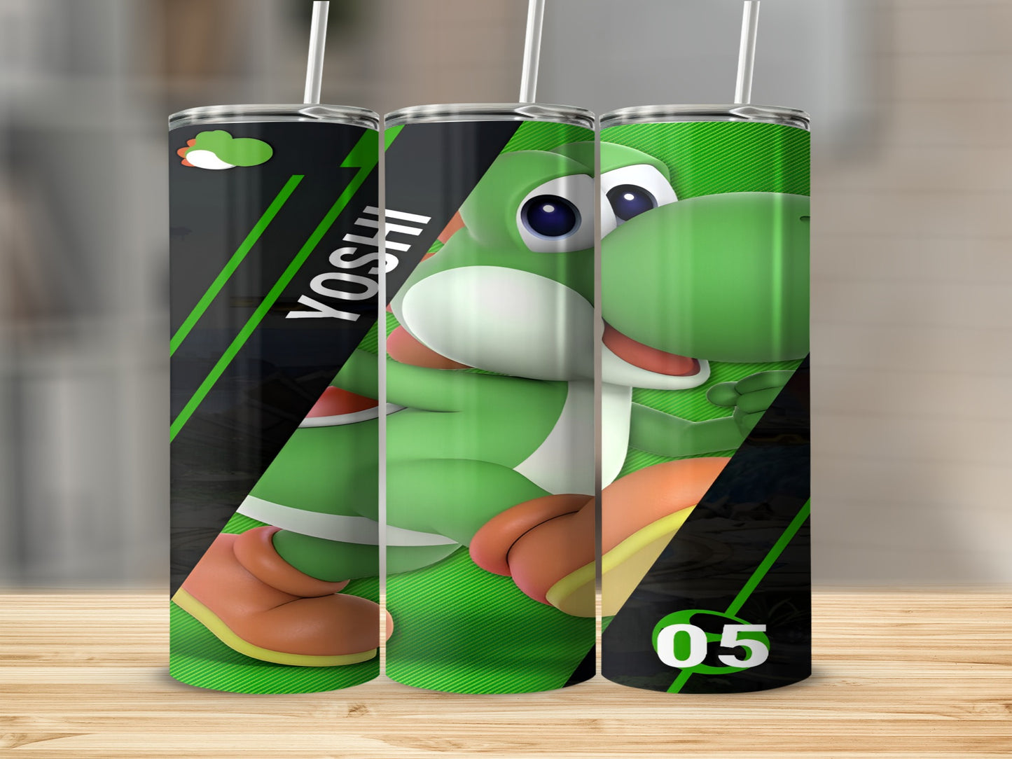 Yoshi character on a green striped tumbler with white straw.
