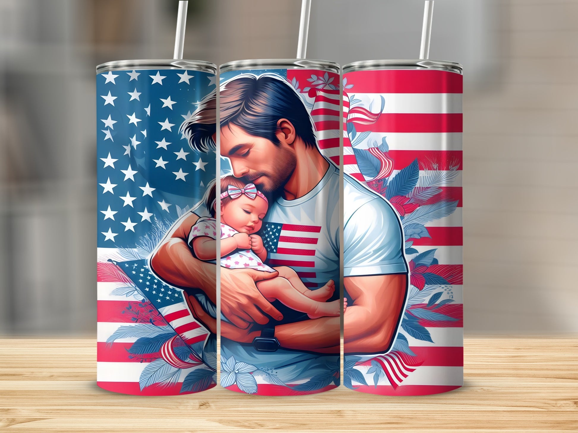 Man holding baby with American flag pattern on tumbler.